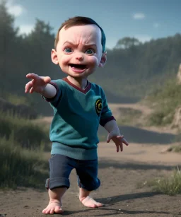 Sheldon cooper toddler, full body, dramatic lighting, angry, hyper realistic