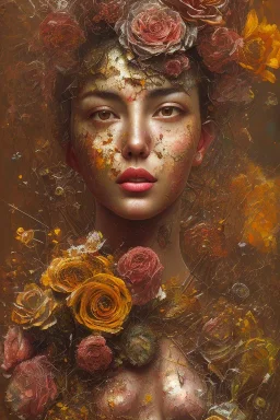 an abstract painting of rusted metal and flowers, beauty of the world portrait, rust, scaffolding, iron cladding, decay, mixed media, textured, anatomically correct, beautiful perfect face, sharp focus, highly detailed