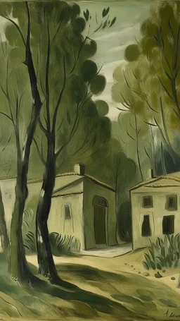 An olive green forest with a cottage designed in Heidrun manuscripts painted by Pablo Picasso