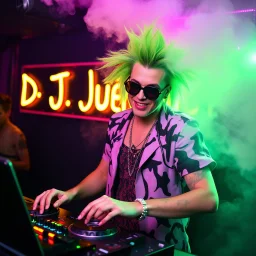 A DJ performing at dance club, his name DJ JüRGEN and looks crazy, crazy green hair with crazy outfit. Neon lights and smog, DJ JüRGEN SIGN ON WALL