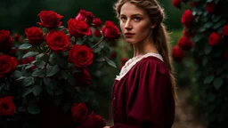 back to the camera a dark blonde young woman in old hungarian pale villager clochts stands in front of the nice red rose bush, und dark red running roses around, high detalied, sharp focus, high realistic, perfect photo