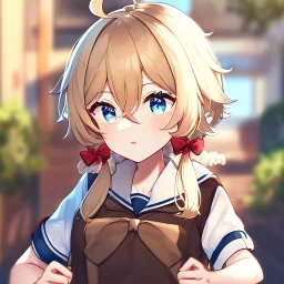 Clear focus, High resolution, rough line, cute, cartoon, short blonde hair, hair between eyes, fluffy hair, blue eyes, wearing a sailor uniform, wearing a brown vest, long locks, 1girl, red bow, fluffy bangs, ahoge, teenager age and look