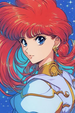 1girl, retro anime, 80's, redhead,Portrait of beautiful woman, sparkling dark blue eyes,