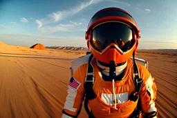 woman astronaut screaming , falling on knees , far away, desert scene, cinematic wide angle shot, beautiful lighting , astronaut suit is orange, helmet is over mouth