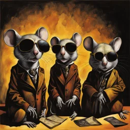 Three blind mice, dark sunglasses, dramatic, warm colors, dynamic diagonal composition, by Dan Seagrave and Joel-Peter Witkin, color ink illustration, eerie, scary warm colors, opulent shadows, by Colin McCahon