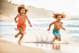 two cute children running along the shoreline, with the ocean waves in the background. They are laughing and jumping in the sandy area near the water. happy mood, vibrant colors, high detailed, cinematic