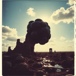 Photography polaroid close-up of a landscape with massive odd Yves Tanguy incomprehensible style, ruins, surrealism, glossy, organic, creepy mass growing, strong texture, fiotti di liquido nero, swamp, horror, panic, obsessive, hypnotic, Max Ernst rotten figures, blue sky, clouds, sun