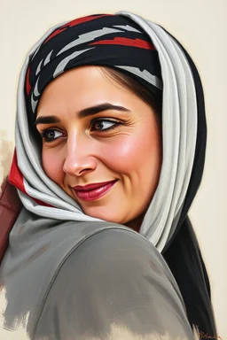 A Palestinian woman, 25 years old, wearing a keffiyeh, has a beautiful face, turns his face to the right, has a slight smile, his mouth is closed and his teeth are not visible, his eyes are looking to the left, he appears to be drawn with oil paints