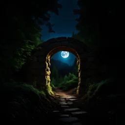Stone moongate glowing at night under a full moon. dark forest on the other side. dark fantasy