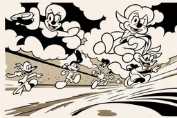 mostly sky, ground line at bottom, small cartoon character on the bottom right running towards the right side, leaving behind a cloud of dust. style of looney toons cartoon