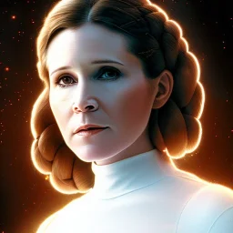 extremely detailed 8k hyperspace wallpaper,complete and photo realistic detailed head to waist stunning photo realistic portrait of carrie fisher as Princess Leia in star wars with short lenght, Symmetrical, soft, fine, warm, photo realistic hair, brown eyes, professional majestic photo realistic painting by Ed Blinkey, Atey Ghailan, by Jeremy Mann, Greg Manchess, Antonio Moro, trending on ArtStation, Intricate, High Detail, Sharp focus, dramatic, by greg rutkowski,