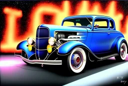 a true-to-life 1932 ford coupe deluxe, centered, intricate, extreme detailed, photorealism, center view, city background, pivot on ford, pen and color marker, painting by cheryl kelley