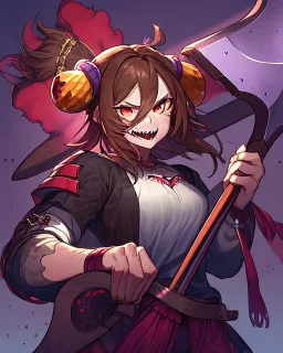 girl, brown hair and freckles on her cheeks, red eyes, has sharp teeth, wears a male battle outfit, has a large axe, hair covers one of her eyes, she is tall and strong, her main color is purple and black