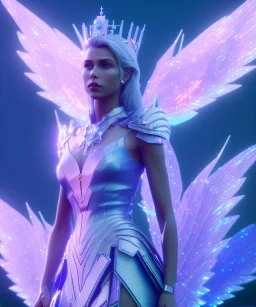 A crystalised queen, atmospheric, realistic, unreal engine, cinematic lighting, octane render. blue, pink, transparency, light, shine,bright, full body, transparent wings, blonde, long hair, nice smile