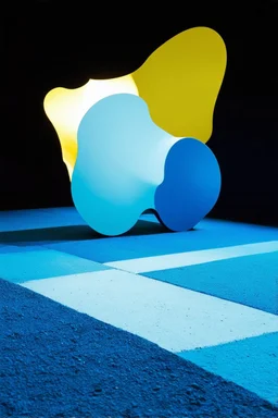Fotografia di una superficie piatta di colore azzurro chiaro e giallo pastello, su cui si ergono enormi surreali strutture di forma astratta e surreale, di metallo, di colori vari, forti contrasti. Buio. Joan Miró odd style. Strong 3d deep field. Oscurità, paranoic, obsessive, homologic, phobic, nightmare, notte, glossy, hasselblad h6d400c --ar 85:128 --v 6.