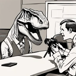 Reporters interviewing a dinosaur.