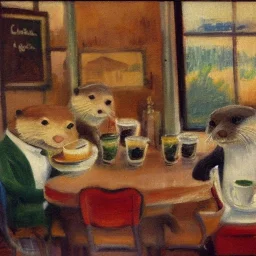 Impressionist portrait of otters having coffee in a diner 1920s