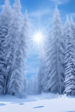 Beau paysage,neige, licorne blanche, foret,ciel bleu, soleil