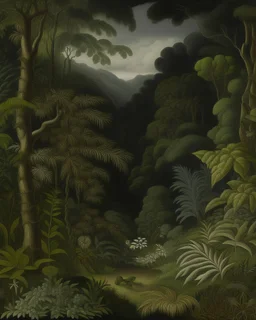 A dark brown wilderness near a rainforest with shrubs painted by Lucas van Leyden