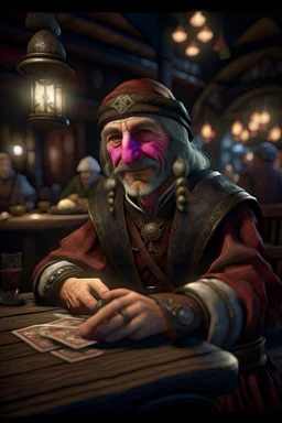 portrait of shady thief bard playingh a card game in an english style tavern, in the style of fantasy movies, photorealistic, shot on Hasselblad h6d-400c, zeiss prime lens, bokeh like f/0.8, tilt-shift lens 8k, high detail, smooth render, unreal engine 5, cinema 4d, HDR, dust effect, vivid colors