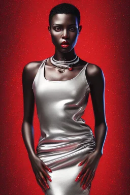 Portrait of a black woman wearing stylish red and silver dress.