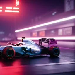 realistic formula 1 car; in an alternate universe in tokyo; cyberpunk; rain; neon signs