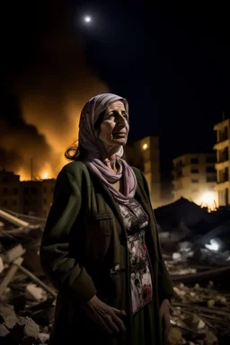 Palestinian woman , Destroyed Buildings , with a Explosions, at night