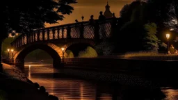 A large stone bridge spanning a river, with people walking along the riverbank below. The bridge is illuminated by a warm, glowing light, creating a moody and atmospheric scene. The background is dark and hazy, suggesting a nighttime setting.