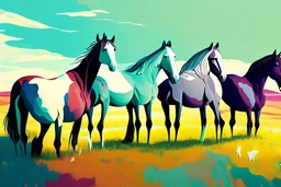 illustration horses of different colors in a field from afar