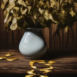 photo of a cracked ceramic vase repaired with gold, kintsugi, beautiful, vines and leaves, rosebuds, delicate, cinematic, high detail, beautiful composition, delicate arrangement, aesthetic, soft lighting, award winning photography, tender