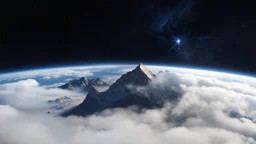 a fog planet's atmosphere is pierced by a single sharp mountain peak. a curved horizon separates the starry but dark and subtle space. a single tiny spark of light at the tip of the mountain's peak.