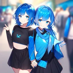 Clear focus,High resolution, Vibrant short blue hair, Vibrant blue eyes, Wearing a black short skirt,black crop top sleevelss,blue cut sleeves,black fingerless gloves, Smiling,Long bangs, Smiling, Holding your hand, first person view