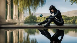 fantasy photo of a woman in an android looking catsuit, with black hair, sitting on a ledge over a pond, wearing an android-looking catsuit, sideways, with a planet behind her