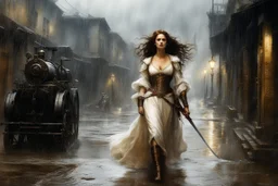 (photography by Titian, Rembrandt van Rijn, by Jeremy Mann, Luis Royo,) As the storm unleashed its full fury upon the town, rain poured down in torrents, washing away the grime and decay that had settled upon the machines. Maria Magdalena extended a hand, her touch infused with warmth and understanding. One by one, the machines lowered their weapons, their metallic armor clanging against the ground.In that moment, amidst the chaos and destruction, a fragile bond formed between Maria Magdalena an