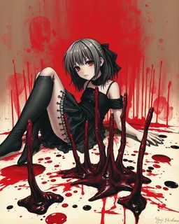 Petit girl goth, lying pose, fullbody, behind blood guts rising from the ground, illustration by <Yoji Shinkawa>, behind paint splashes darkred tones,