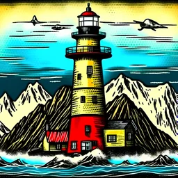 Les Eclaireurs Lighthouse, Ushuaia, Argentina. Vintage-retro art style drawing, not so saturated colors.