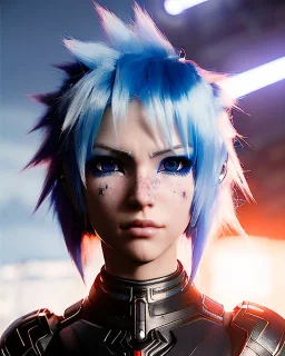 smirking Cyborg anime warrior, light blue hair, short and messy hairstyle, pierced ears, vivid blue eyes, clear complexion, waist up portrait, 8k resolution, intricate details, ornate details, soft lighting, vibrant colors, retroanime, masterpiece, intricate eyeliner, dark eyeshadow, eyes, intricate tattoos, futuristic cityscape background