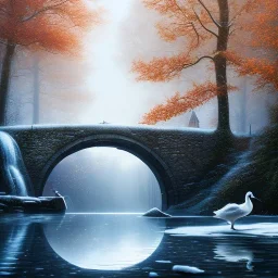 fantasy art, book cover, close up of horse and duckling under a bridge , old mill wheel ,icy autumn water, icy frame