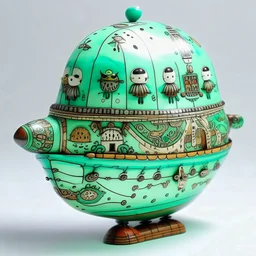 A mint colored pirate themed airship designed in Matryoshka dolls painted by Qiu Ying