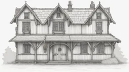A front elevation line drawing of a fantasy mediaeval ramshackle house.