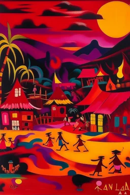 A dark magenta village with dancing fire designed in Hawaiian tikis painted by Wassily Kandinsky