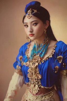 in the style of ALPHONSE MARIA MUCHA, beautiful thailand girl real life photo-shot, filigree detailed lady thailand costume, royal blue color for costume, headshot, close up, cinematic lighting, Environment Mountain,