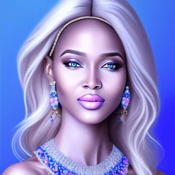 portrait of a beautiful somalian woman with an angel face smiling,long blond hair, blue eyes, pink and blue dress, jewels, soft light aura