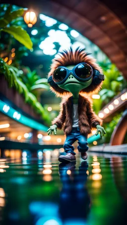 fish-eye photo of furry hairy pimp rocker alien on bridge over water slide magically levitating in dark lit reflective wet jungle hall hotel tunnel,bokeh like f/0.8, tilt-shift lens 8k, high detail, smooth render, down-light, unreal engine, prize winning
