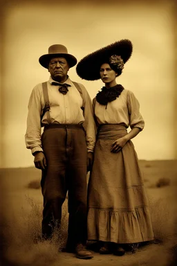 Frieda and Diego Rivera, with popular 19th century style blouse and skirt, thin black bow under the neck of the blouse, flowers on her head, full body, in a 16K wasteland, toned in sepia, estilo Bansky, profile view