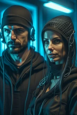 a handsome cyberpunk man wearing a balaclava connected by wires with a beautiful cyberpunk woman