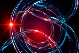 A mesmerizing abstract composition of interlocking glass and chrome ribbons swirling together. A fiery core of orange and red light pulses at the center, creating sharp highlights on the polished surfaces. The background transitions into deep navy shadows, emphasizing the high-contrast lighting. Fluid textures and a high-tech, futuristic mood.