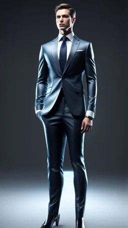 Hombre con traje y corbata moda futurista elegante, calidad ultra, hiperdetallada, 12k, full body