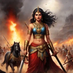 In a world torn between dust, rust, and blood, she stood as a beacon of defiance amidst the chaos. Her smile, a mixture of determination and courage, illuminated the battlefield of Mahabharata, where deities of all kinds clashed with a fervor that shook the very foundations of existence. Her body adorned with cartridge belts, a terrible machine gun cradled in her hands, she exuded a lethal grace that belied the brutality of war surrounding her.