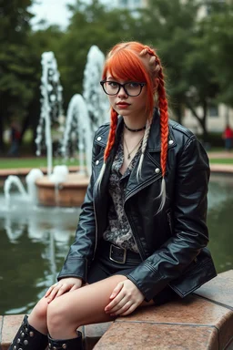 Gothic style rebel woman teenager, pretty and arrogant, red hair and black shiny round glasses, leather jacket, edgy bohemian outfit, combat boots, captivating grey eyes, white hair styled in intricate braids, playful and mischievous demeanor - depicted sitting at the edge of a fountain in a city green park, vibrant punk street fashionista, high realistic